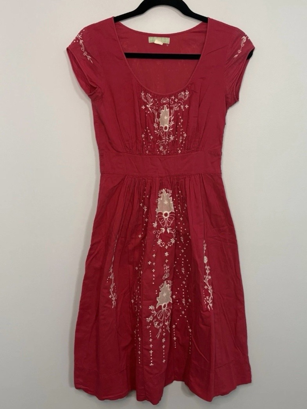 Anthropologie & Lil Pink Embroidered Scoop-Neck Dress Boho Cottage Core Size 0
